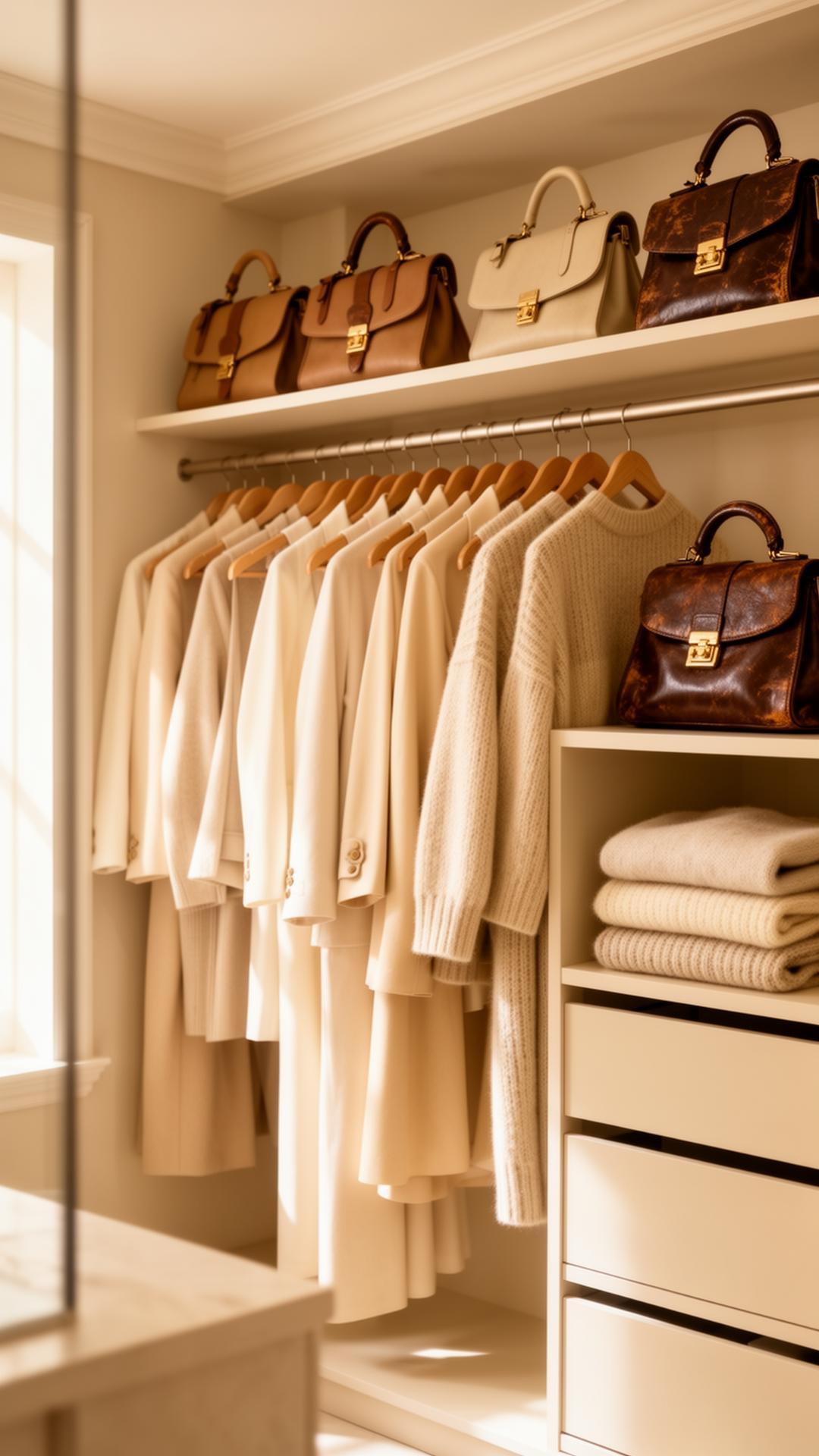 An immaculately organised luxury wardrobe in soft cream tones